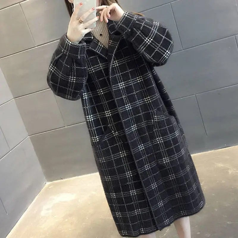 Fashion Ladies Loose Overcoat Warm Plush Plaid Coats Female Mink Velvet Overcoats Women Mid-long Coats Autumn Winter Girls Coat