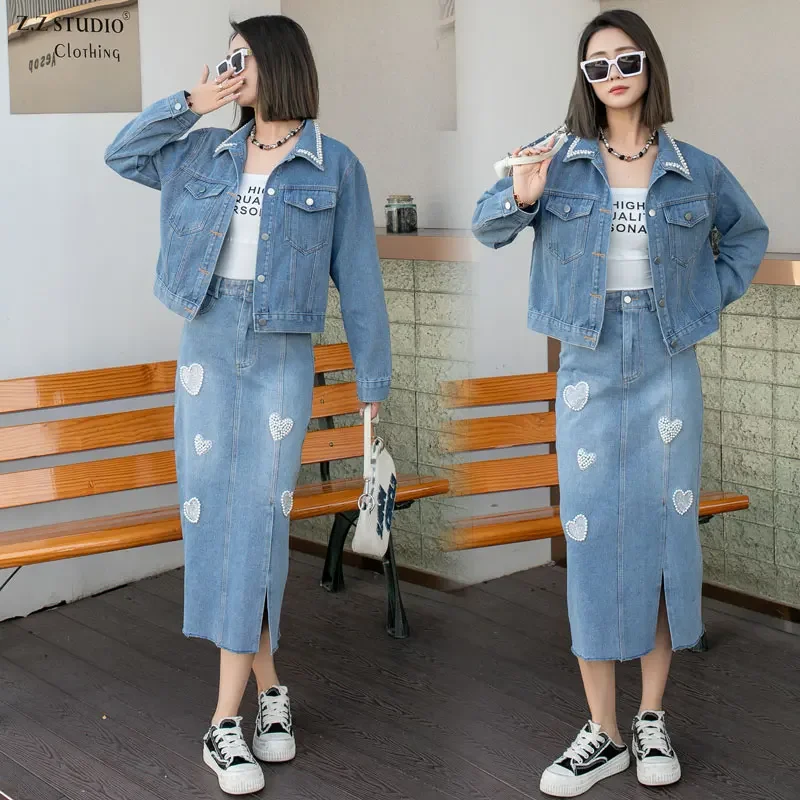 High Sense Vintage Denim Suit Women's Jacket Tempermanent Spring and Autumn Casual Short Coat Top High Waist Skirt Two-piece Set