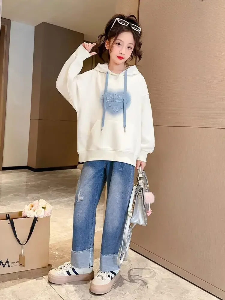 2024 Autumn winter spring Girls clothes Hooded white Sweatshirt Baby t-shirt Dresses teenager Kid Princess 6 7 8 9 10 11 12 year