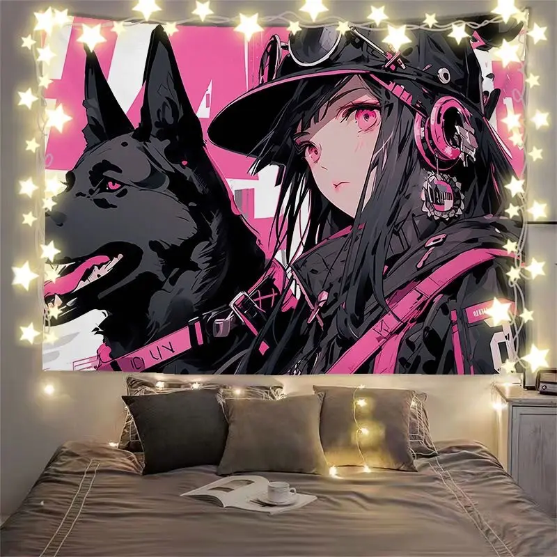 VIKAMA Cyberpunk Pink And Black Cool Girl 2D Tapestry, Street Y2K Trendy And Cool Bedroom And Living Room Background Fabric