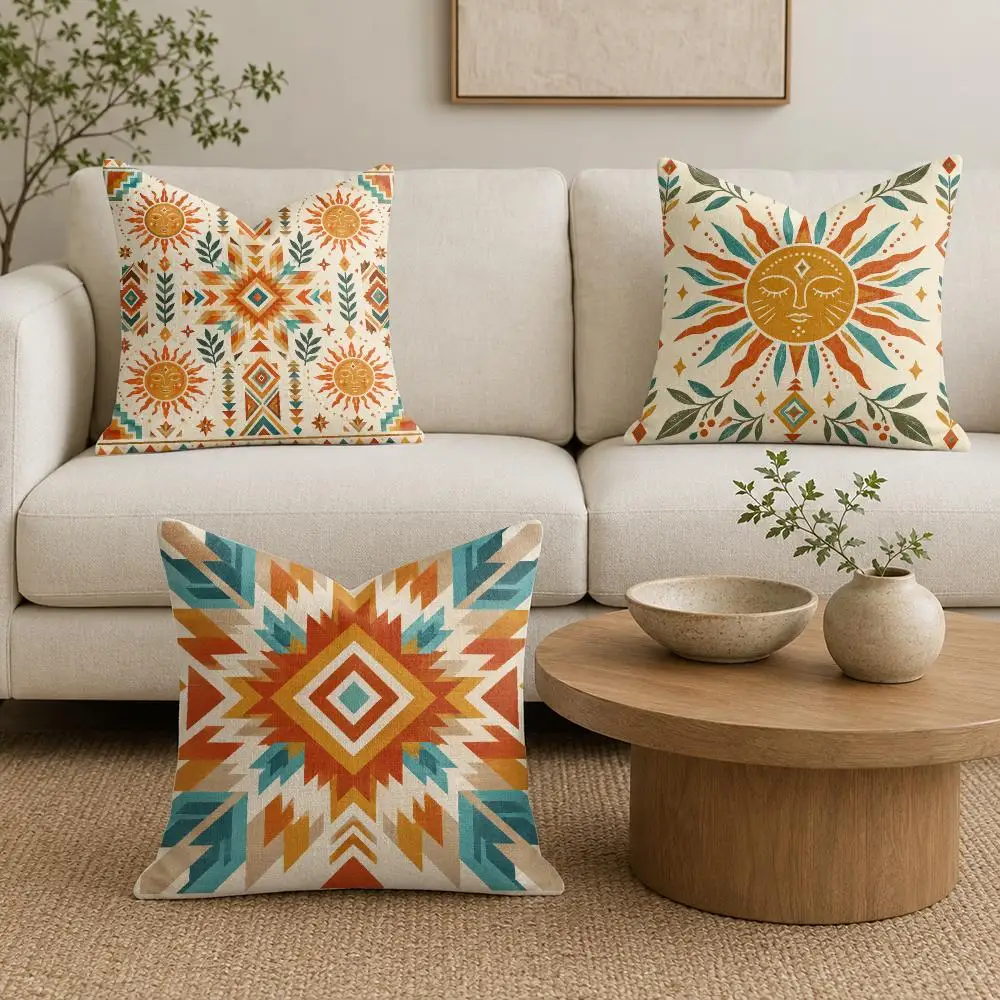 Southwestern Sun Cushion Cover Organic Linen Throw Pillow Cover - Double-Sided Print Breathable Cushion Case Home Decor