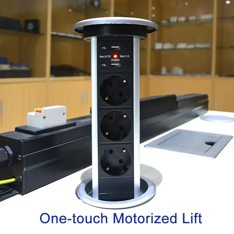 Pop Up Power Socket Desktop Hidden Outlet 3 EU Plugs 2 USB Ports 15W Wireless Charger Touch Control For Kitchen Office Desk