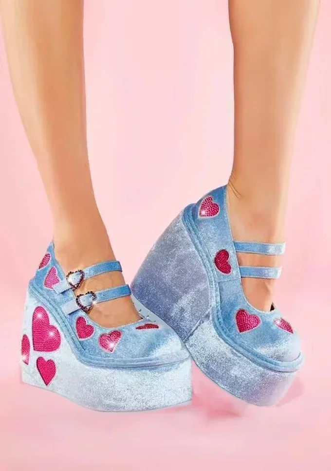 

Bling Fuchsia Heart Platform Wedge Blue Velvet Pumps Double Strap Crystal Buckle Patch Heart Lolita Shoes For Woman