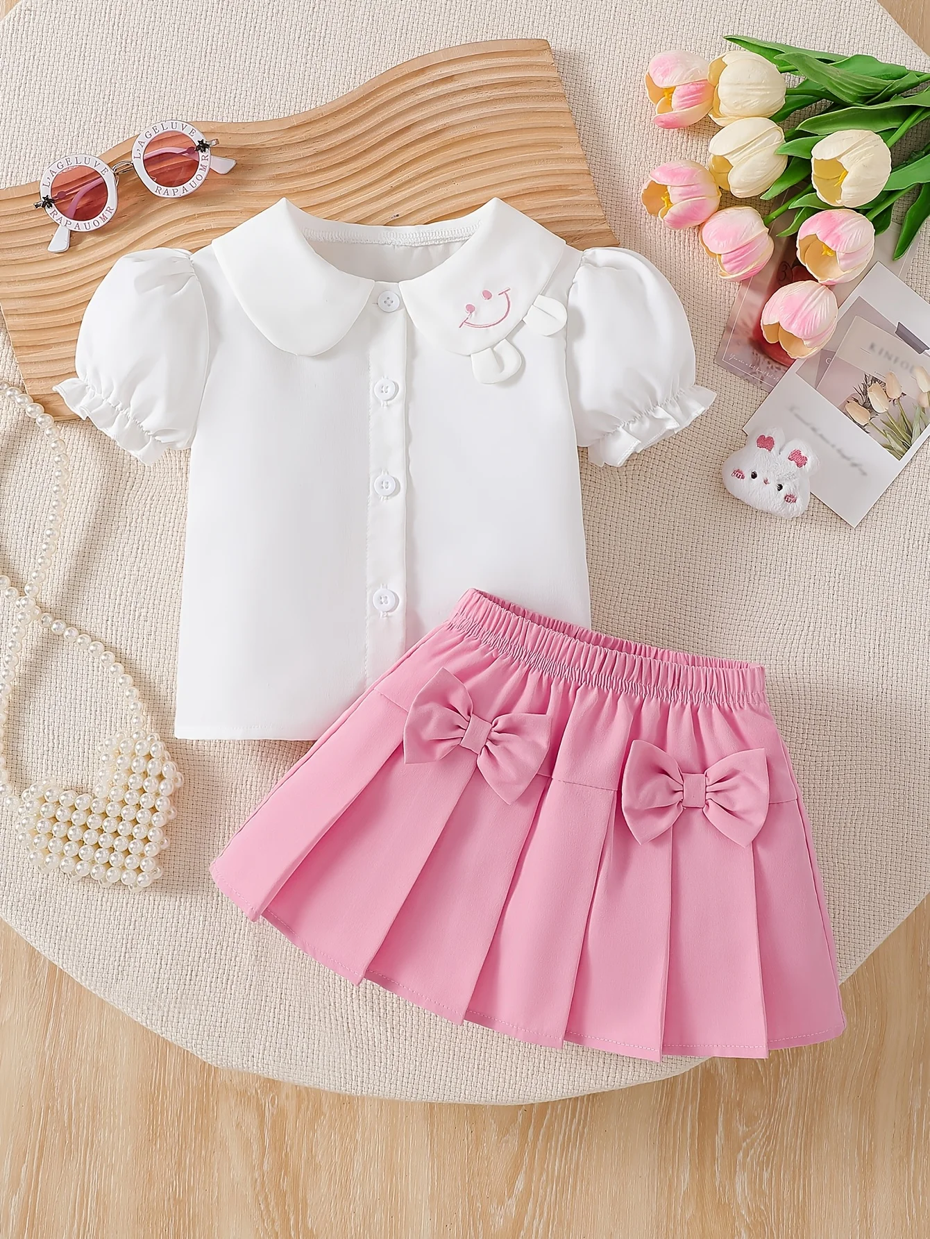 

Girls' clothing：Puff Sleeve Shirt + Bow Short Skirt | Valentine's Day Gift / Baby Birthday Gift