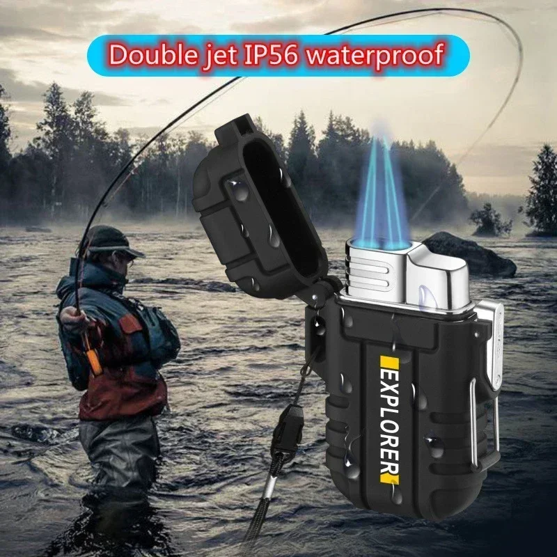 Waterproof Lighter with Lanyard Outdoor Survival Torch Lighter Windproof Butane Turbo Cigarette Lighter Camping Smoke Accesoires