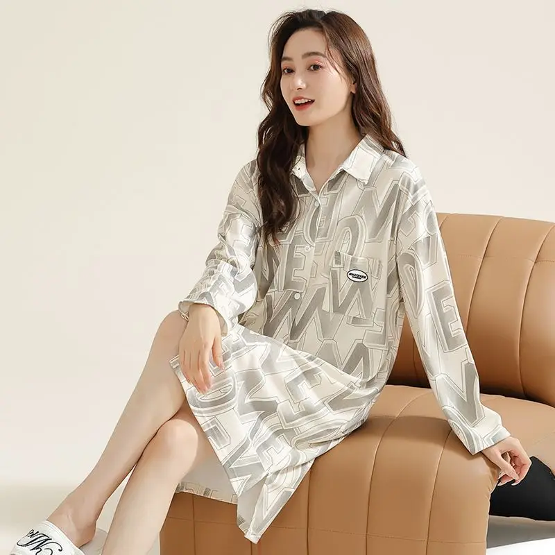 Long-Sleeved Nightdress 2024 New Women's Mid-Length Loose Large Size Pajamas Spring Autumn Female Thin Casual Cardigan Sleepwear
