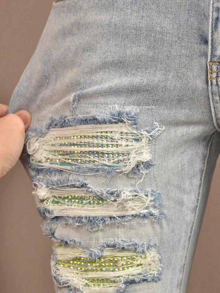 Light Color Hole Jeans Men's Motorcycle Fashion Scrape Design Stretch Slim Fit Skinny Patch Washed Distressed Men's Pants