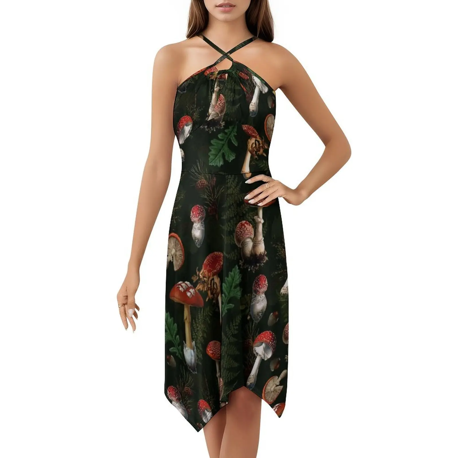 Belle robe sans manches bohème botanique noire du royaume des champignons de minuit pour femmes, robes de soirée de plage imprimées, Academia foncé