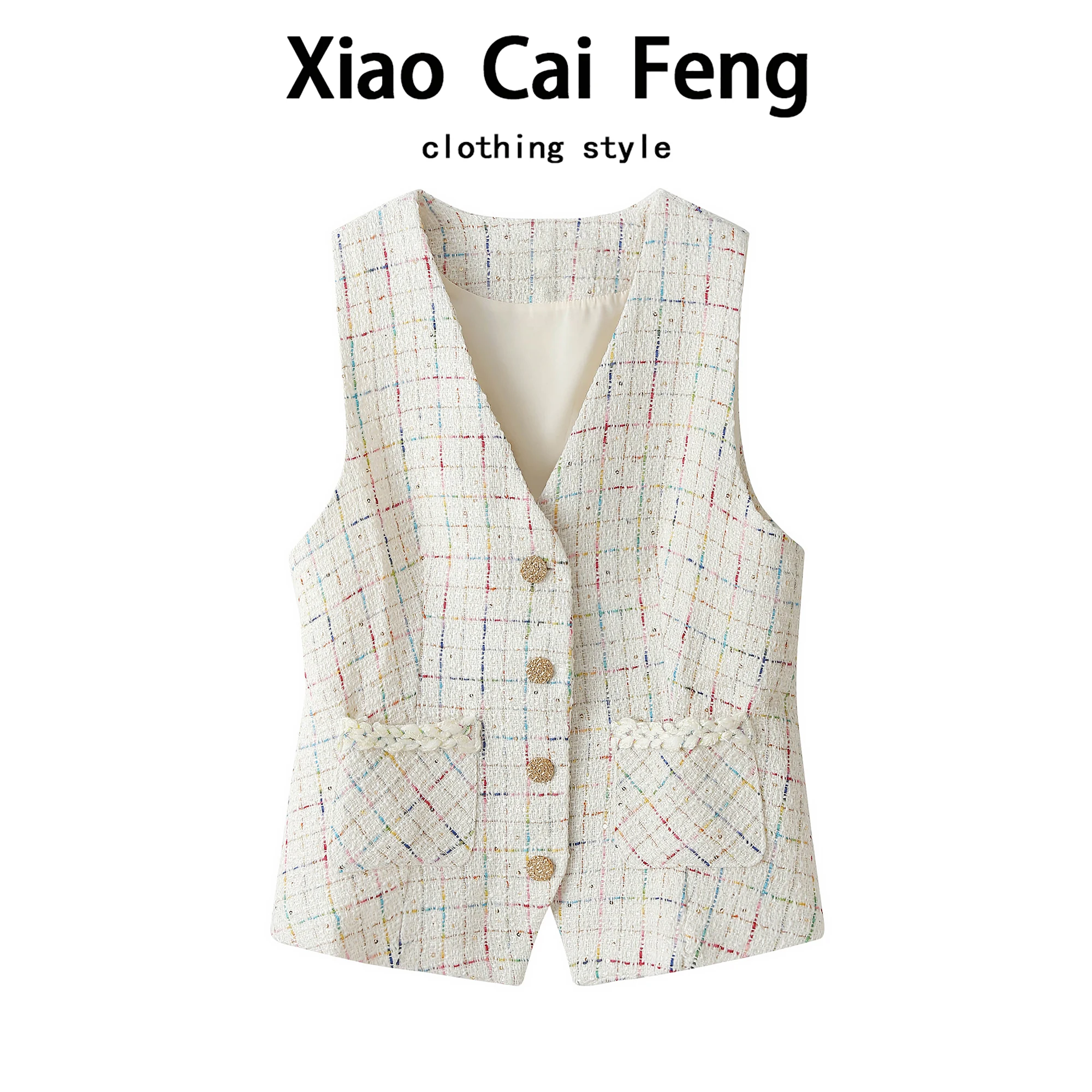 

Faionable Plaid Woolen Vest Women's Autumn Wear Slimming ort Sle iny Sequin V-ne Inner Wear Original Design