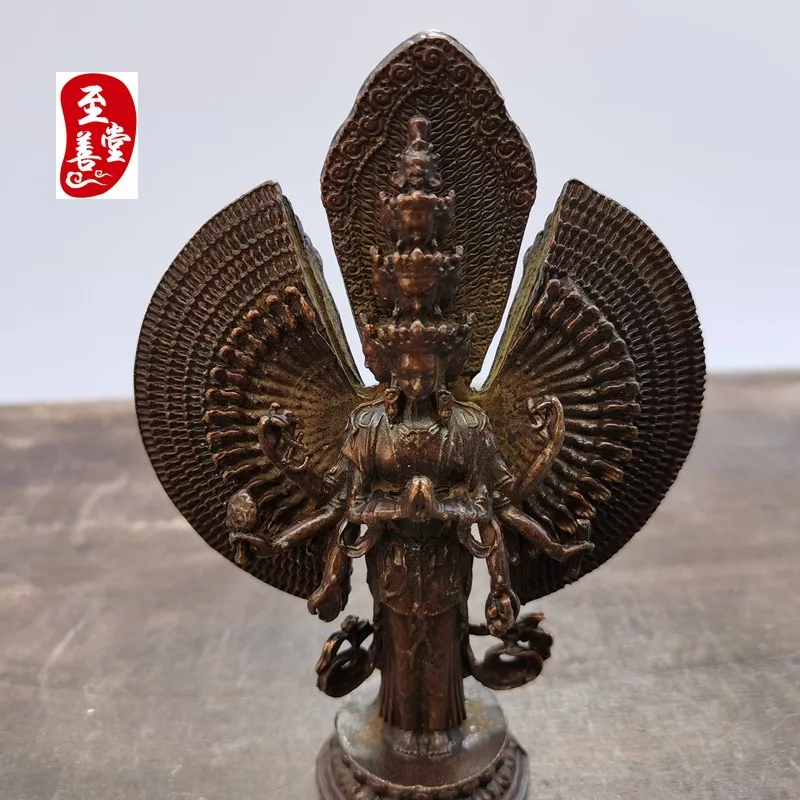 Antique Collection Old Patina Alloy Bronze Living Room Decorative Ornament Eleven-sided Thousand-Handed Avalokiteshvara 9x3x12CM