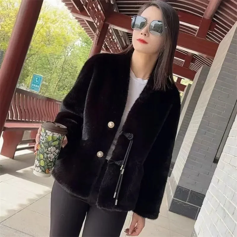 New Fur Coat Female Autumn Winter 2025High-quality Mink Velvet Jackets Women V-Neck Fur Jacket Fashion Outwear Cardigan Overwear