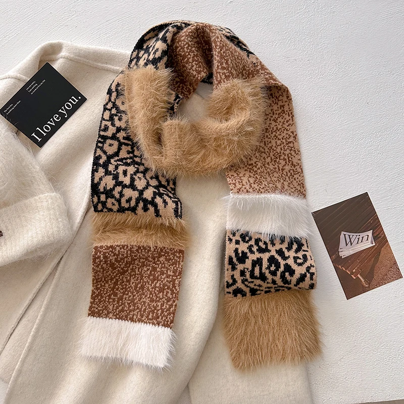 New Leopard Knitting Scarf Women Autumn Winter Thick Soft Warm Muffler HighQuality Versatile Imitation Cashmere Shawl Female