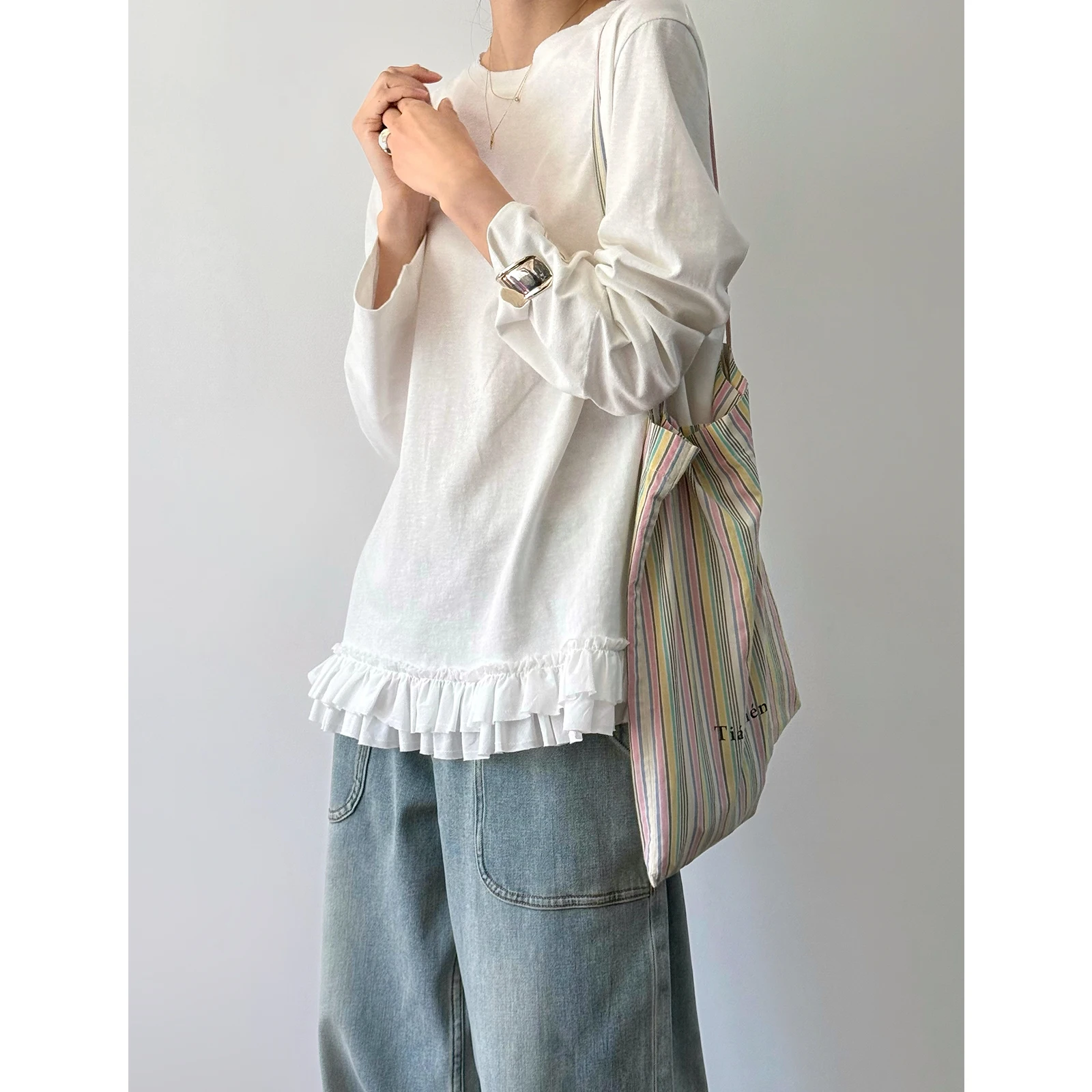 

Летняя белая футболка из хлопковой смеси с кружевом, свободного кроя, с длинным рукавом, круглым вырезом, влагоотводящая, однотонная