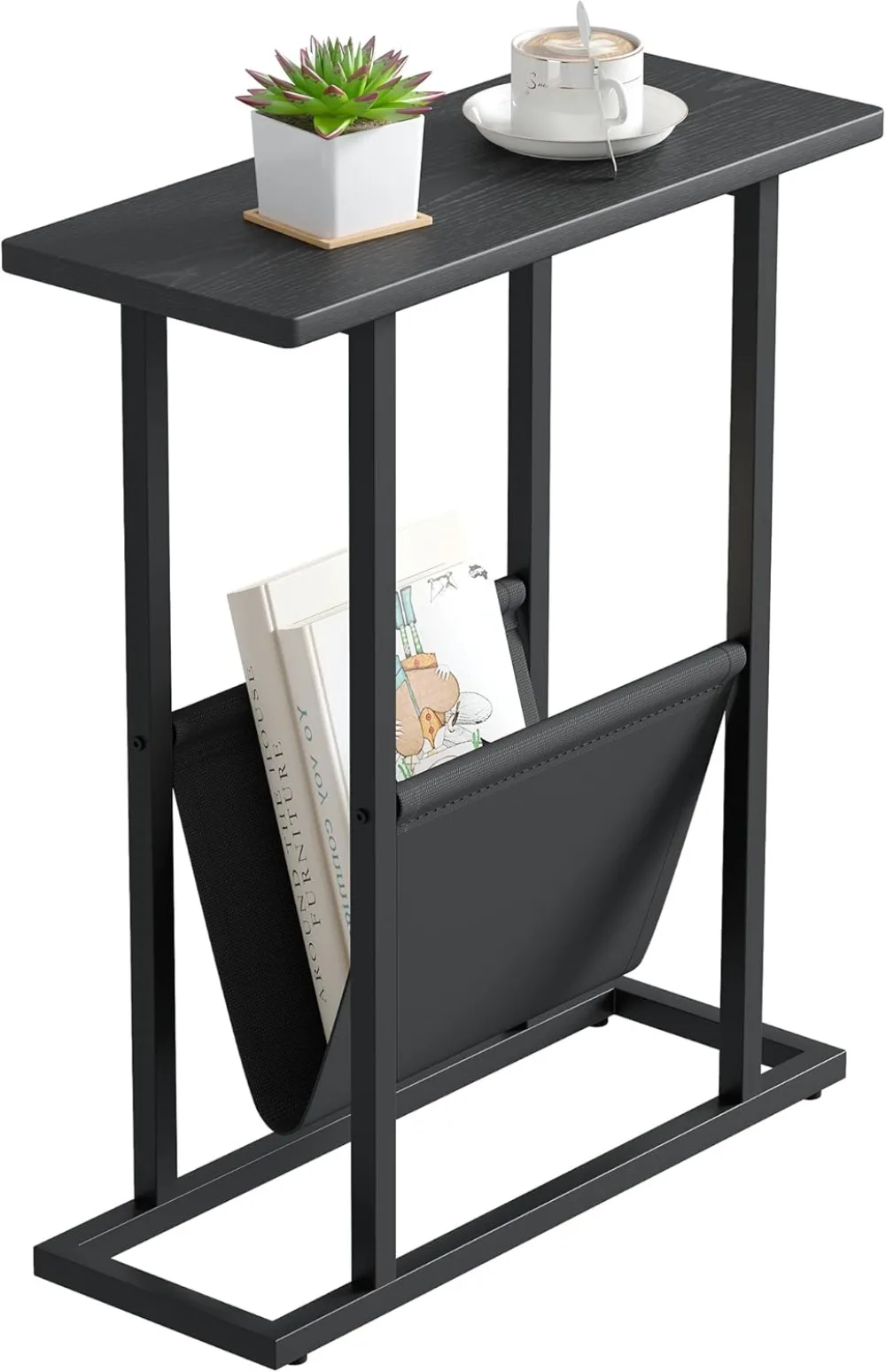 

Yusong Small Narrow Side Table for Small Spaces, with Storage Holder, Accent Skinny Snack Couch Bedside Table, Black Oak