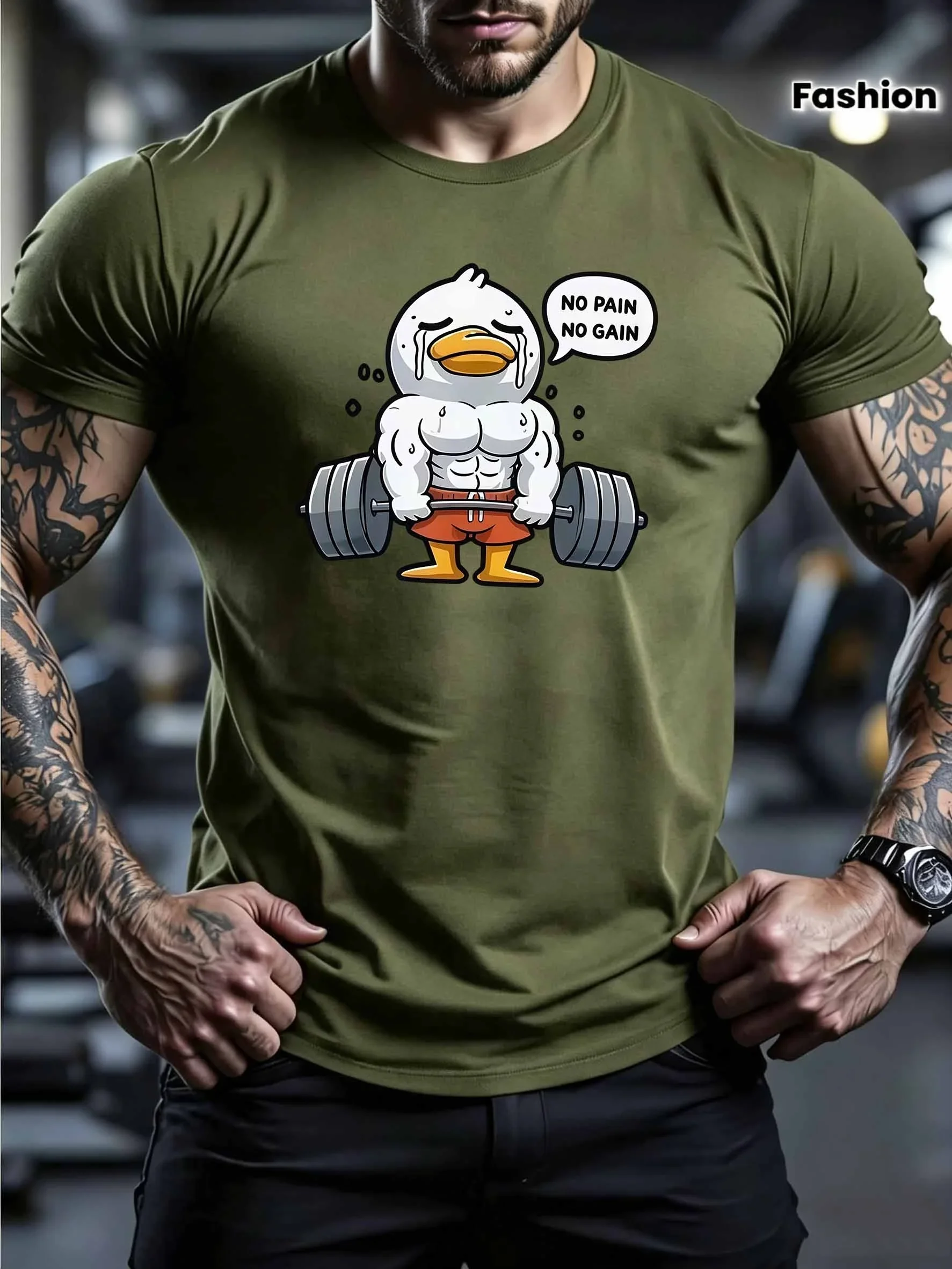 Fashion Men Gym Fitness Funny Muscular Duck Graphic T‑Shirt No Pain No Gain Print Short Sleeve Crew Neck Workout Casual Tee Tops