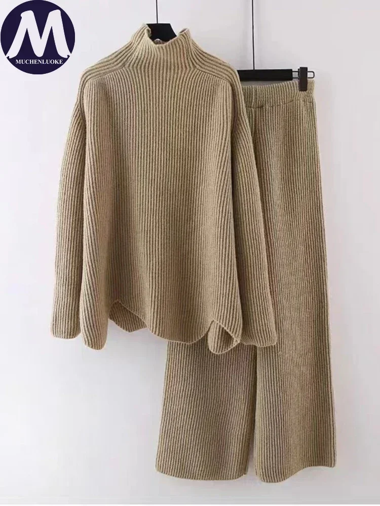 Knitted High Collar Sweater and Wide Leg Pant Set for Women Casual Tops Korean Fashion Autumn Winter New 2024 2 Pcs