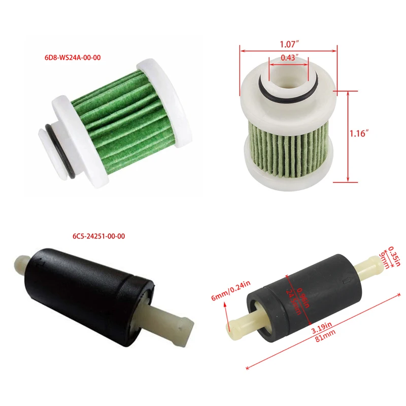 2x 6C5-24251-00-00 6D8-WS24A-00-00 Filter Kit For Yamaha Outboard 4 Stroke 30 40 50 60 70 75 90 115 HP Motors; 18-79983 18-79799