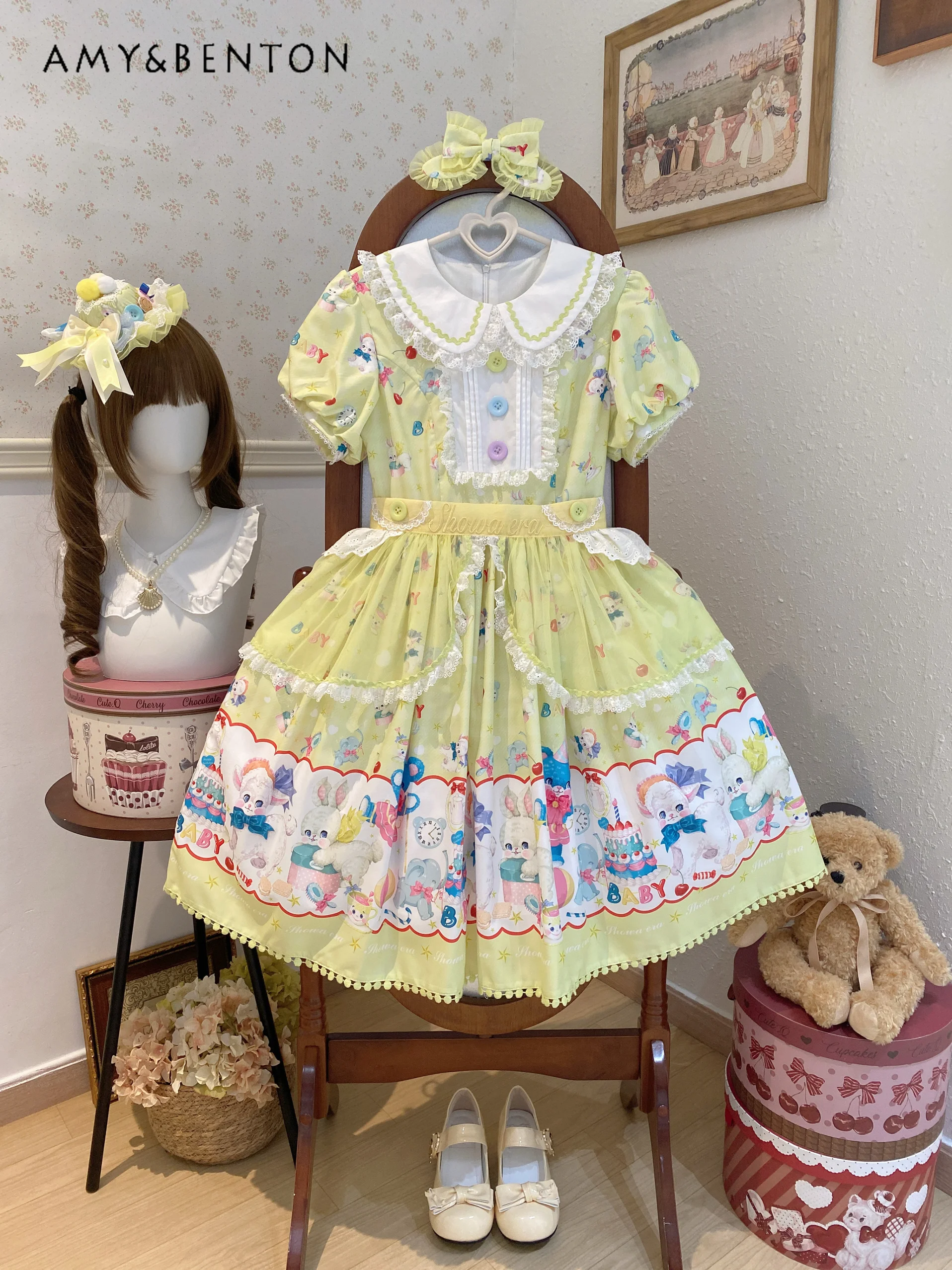 Cartoon Print Kawaii Lolita Kleid Geburtstagskleid für Frauen Mädchen Stil Spitze Puppenkragen Puffärmel Schlanke Puffy Abendkleider