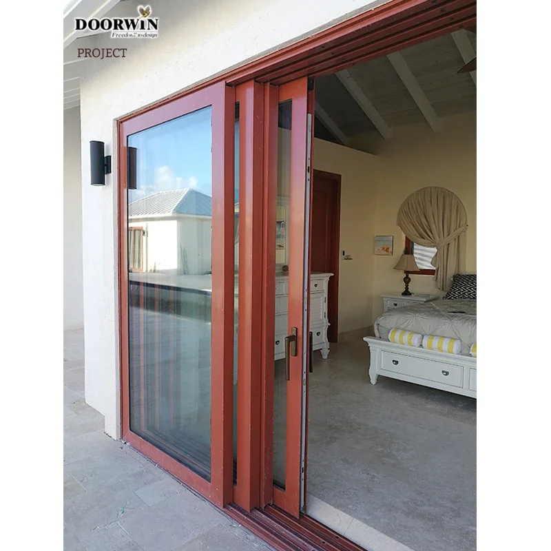 Recomendación del cliente de California Balcón súper ancho Puerta corrediza de vidrio de madera revestida de aluminio Puerta corrediza de vidrio con marco de madera