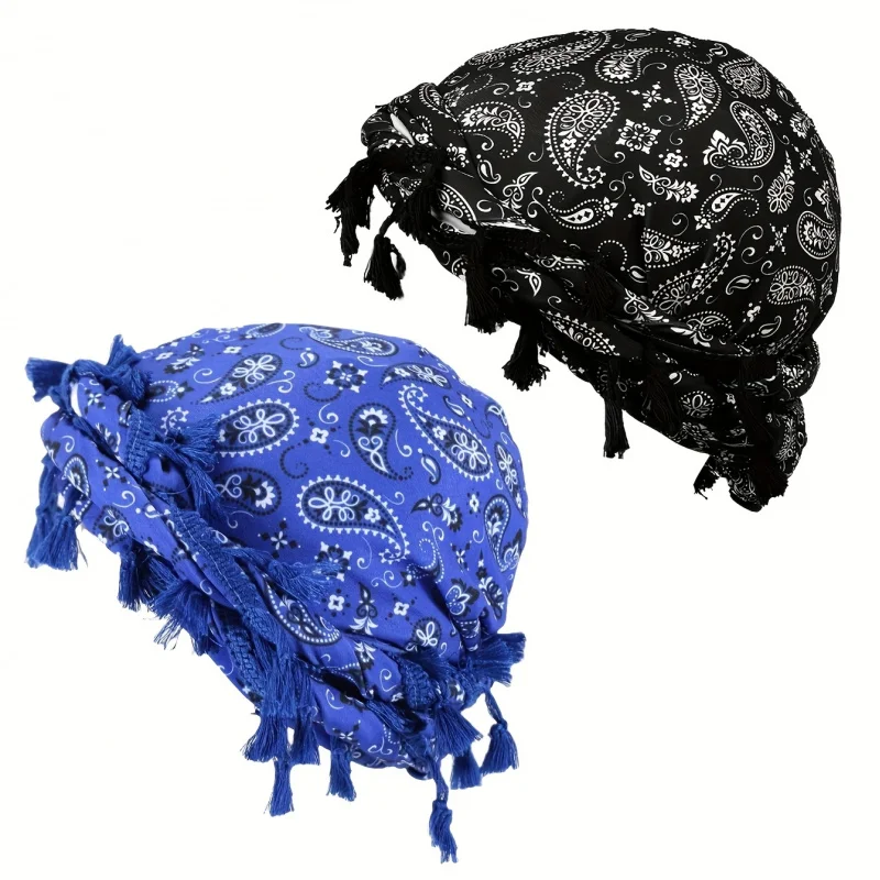 

2 шт. мужских тюрбанов в пиратском стиле с принтом пейсли, этнические головные уборы-дураги с длинным хвостом и узорчатой вязкой.