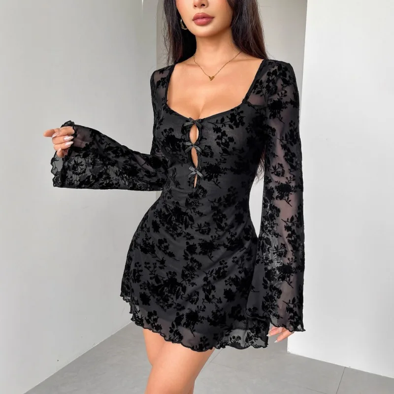 유럽풍 미국 가을 원피스 신상 플로럴 롱 슬리브 플로럴 홀로우 보우 여성 의류