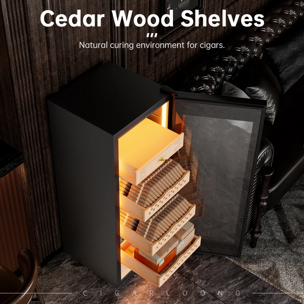 110C CIGARLOONG Constant Temperature and Humidity Compressor Refrigeration Spanish Cedar Wood Electric Cigar Humidor Cabinet