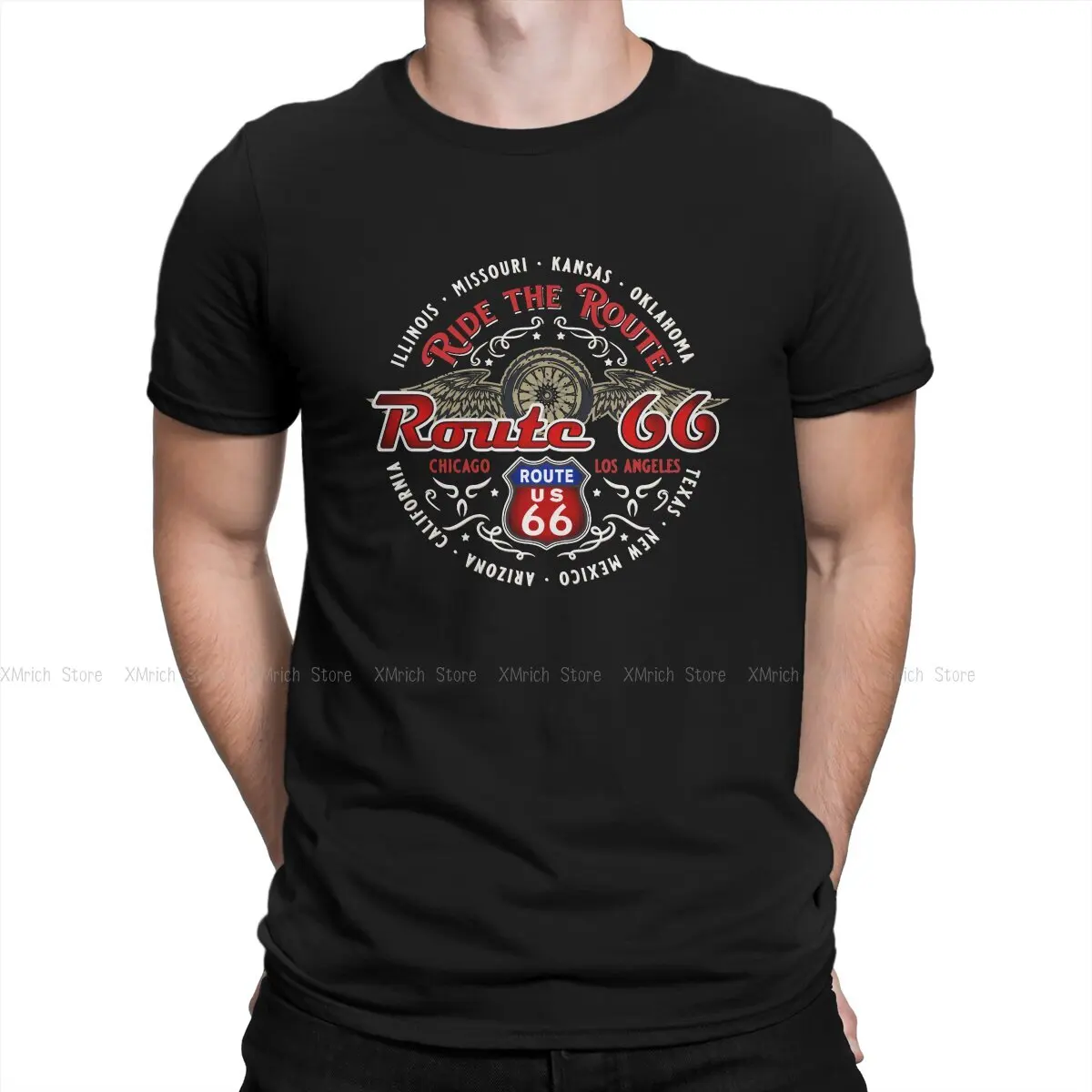 Casual Ride the Route Motorcyle Bikers America's Highway T-Shirt Men Crewneck 100% Cotton T Shirt Route 66 Tee Shirt