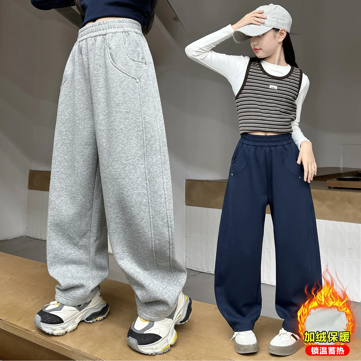 

Girl Sports Pants Teenager Winter Wide-leg Casual Trousers 2025 Children's Straight Loose Insulated Pants Kids Winter Clothing