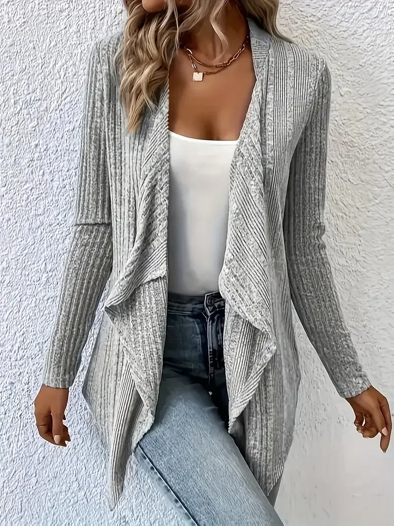 Plus Size 1XL-5XL Women\'s Fashion Long Sleeved Cardigan Casual Solid Color Ribbed Cardigan Loose Spring and Autumn Cardigan