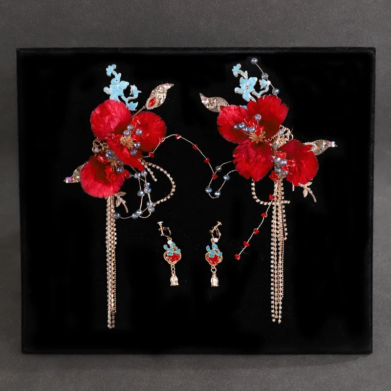 Bracelet Hand String Original Antique Velvet Flower Tassel Pair Clip Ming Wedding Headwear Burnt Blue Flower Retro Photo Hair