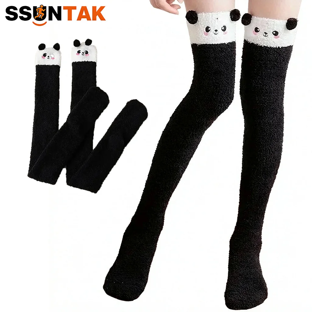 SSUNTAK Women Coral Fleece Over Knee Socks Cartoon Animal Warm Thigh High Socks Winter Cozy Sleeping Floor Socks for Home Indoor