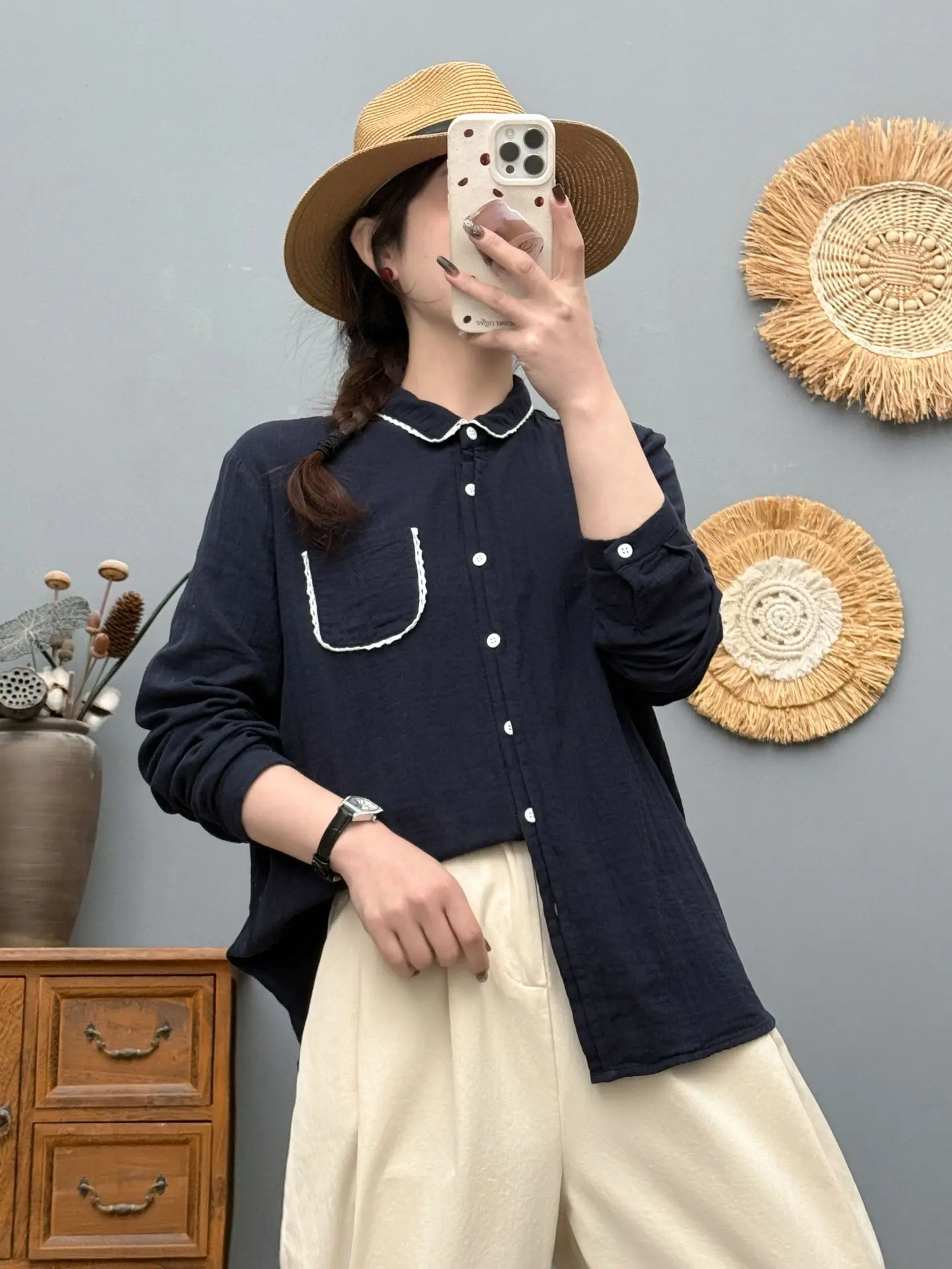 Nueva camisa de manga larga de hilo de algodón de verano 2025, blusa holgada informal cómoda con cuello vuelto para mujer sólida, chica Mori T55376CC