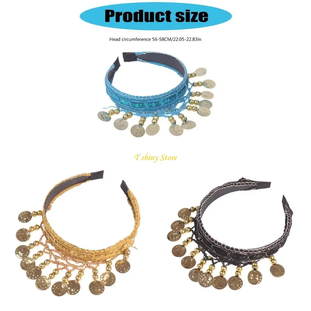 

N58F Stylish Ethnic Headband Hair Styling Hairhoop with Tassels Gold Coin for Stage Performances Dance Event Headpiece