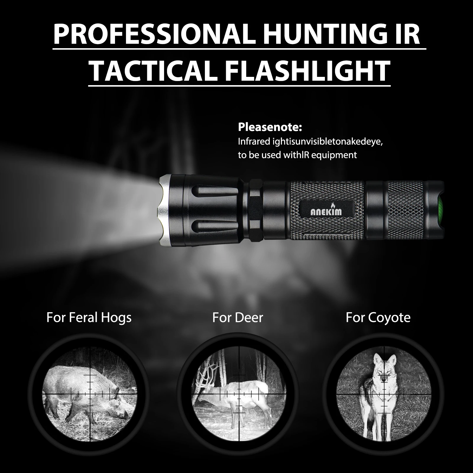 ANEKIM VSCEL 850/940nm X Infrared Flashlight, Single Mode Zoomable Waterproof IP67, Night Vision Device Hunting Handheld Torch