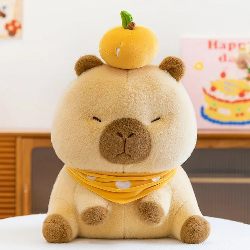 Cute Capybara Plush Toy Soft Stuffed Animal Doll Multiple Sizes with Flower Scarf Fruit Decor for Home Sofa Pillow Gift for Kids