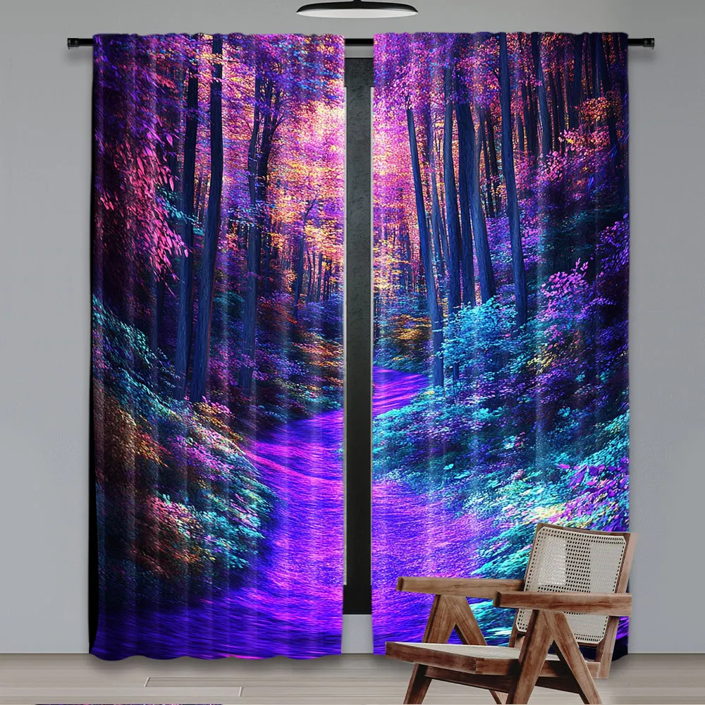 2Pcs Magic Fantasy Nature Curtain Sunshine Red Forest For Bedroom Hall Dormitory Living Room Hanging Many Other Occasions