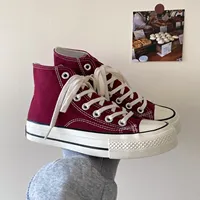 Spring Summer 2025 High Top Canvas Shoes Wine Red Versatile Street Style Female Hong Kong Flavor INS Adult Unisex Slip-On Shoes
