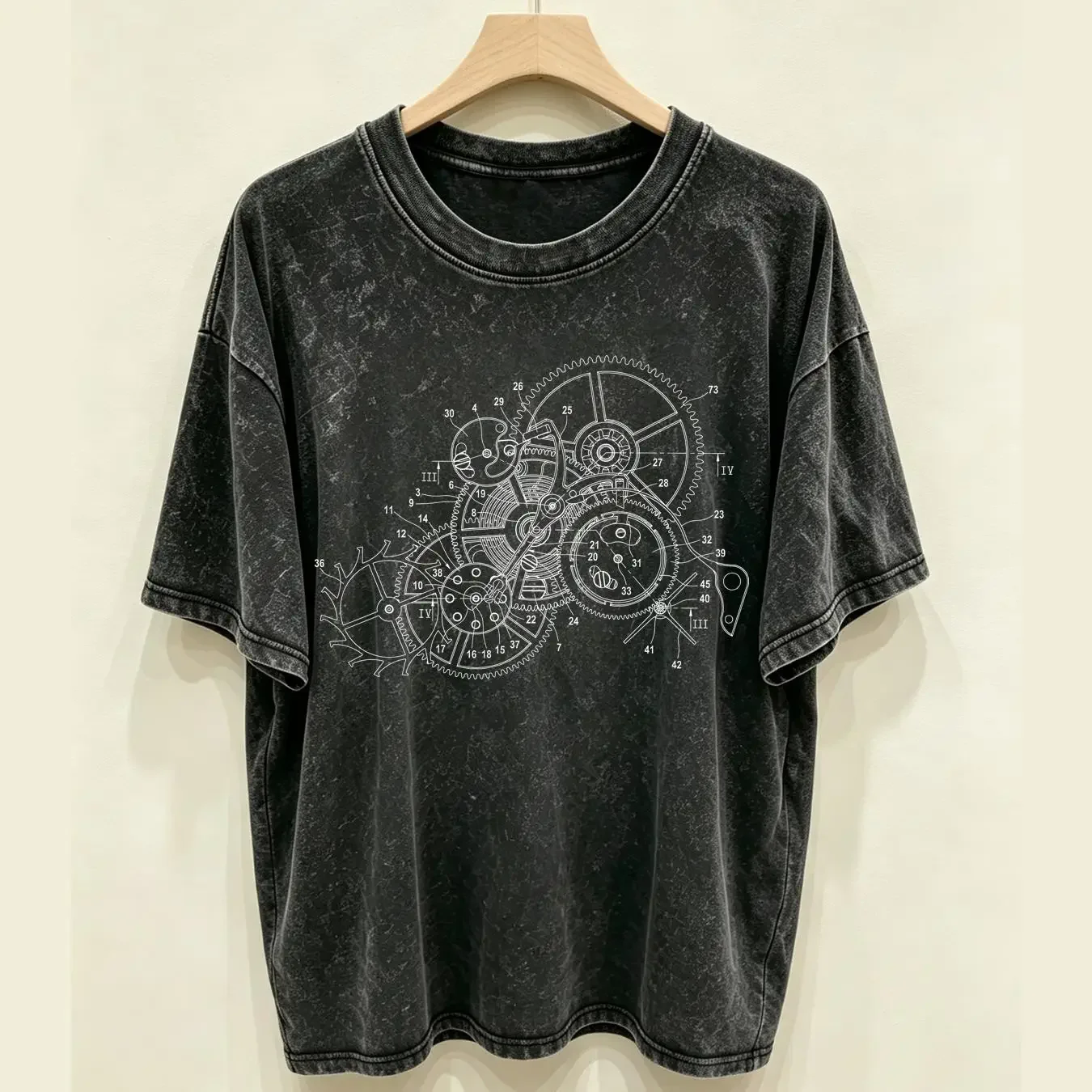 washed T Shirt Wooden Clockwork Technology Science Engineer Mechanic gear Clock Watch vintage Washed Breathable Casual homme