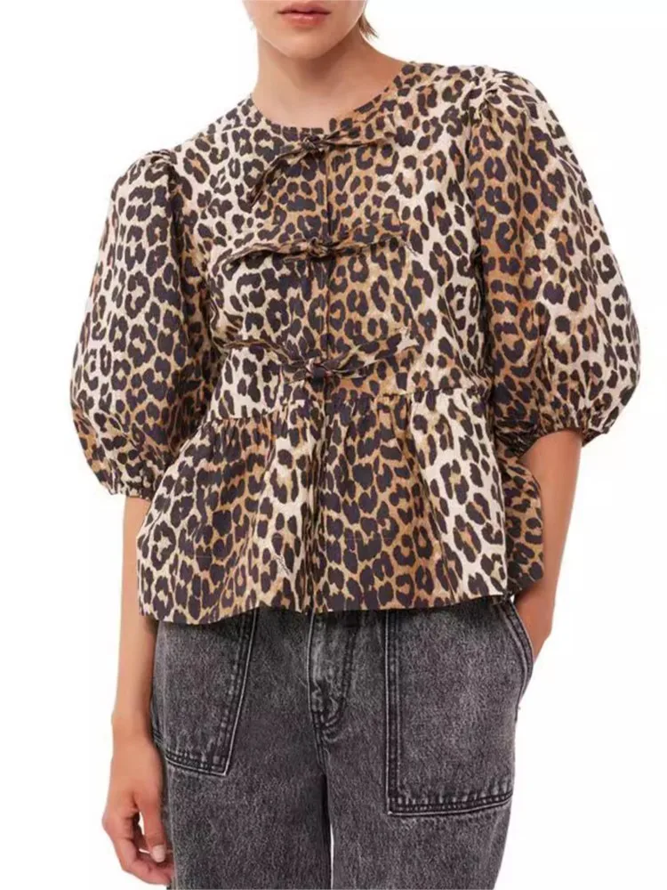 

Summer Shirts For Women 2025 Short Sleeve Crop Tops Fashion Elegant Hollow Out Lace-Up Office Printed Color Colorful Clothing