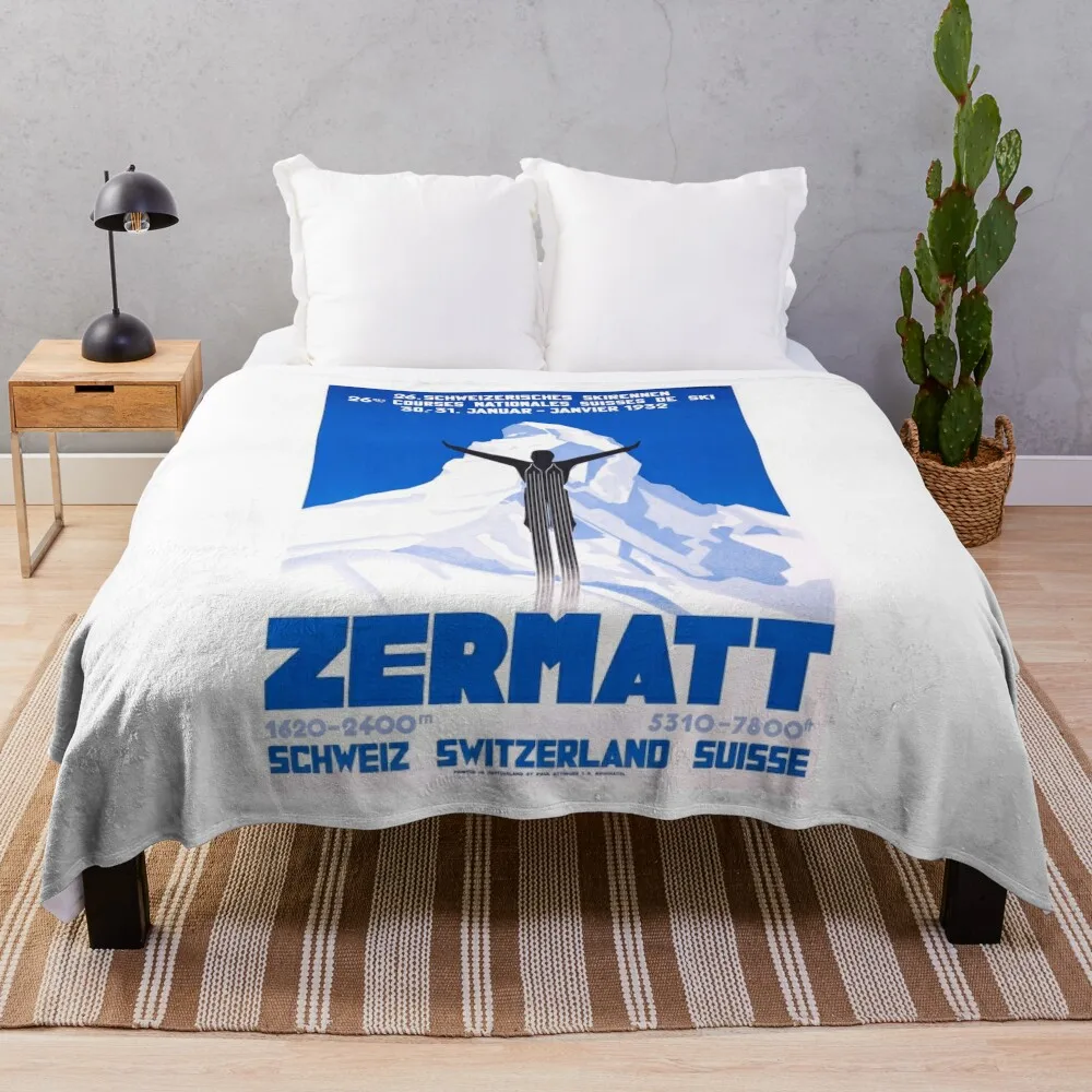 1931 Zermatt Switzerland Ski Travel Poster Throw Blanket cosplay anime Heavy Blankets