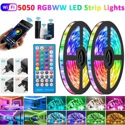 Bande lumineuse LED RGB WW 5050, ruban de lampe à diode flexible, étanche, Wifi, Alexa, 60 gibles/m Luces, décoration de chambre