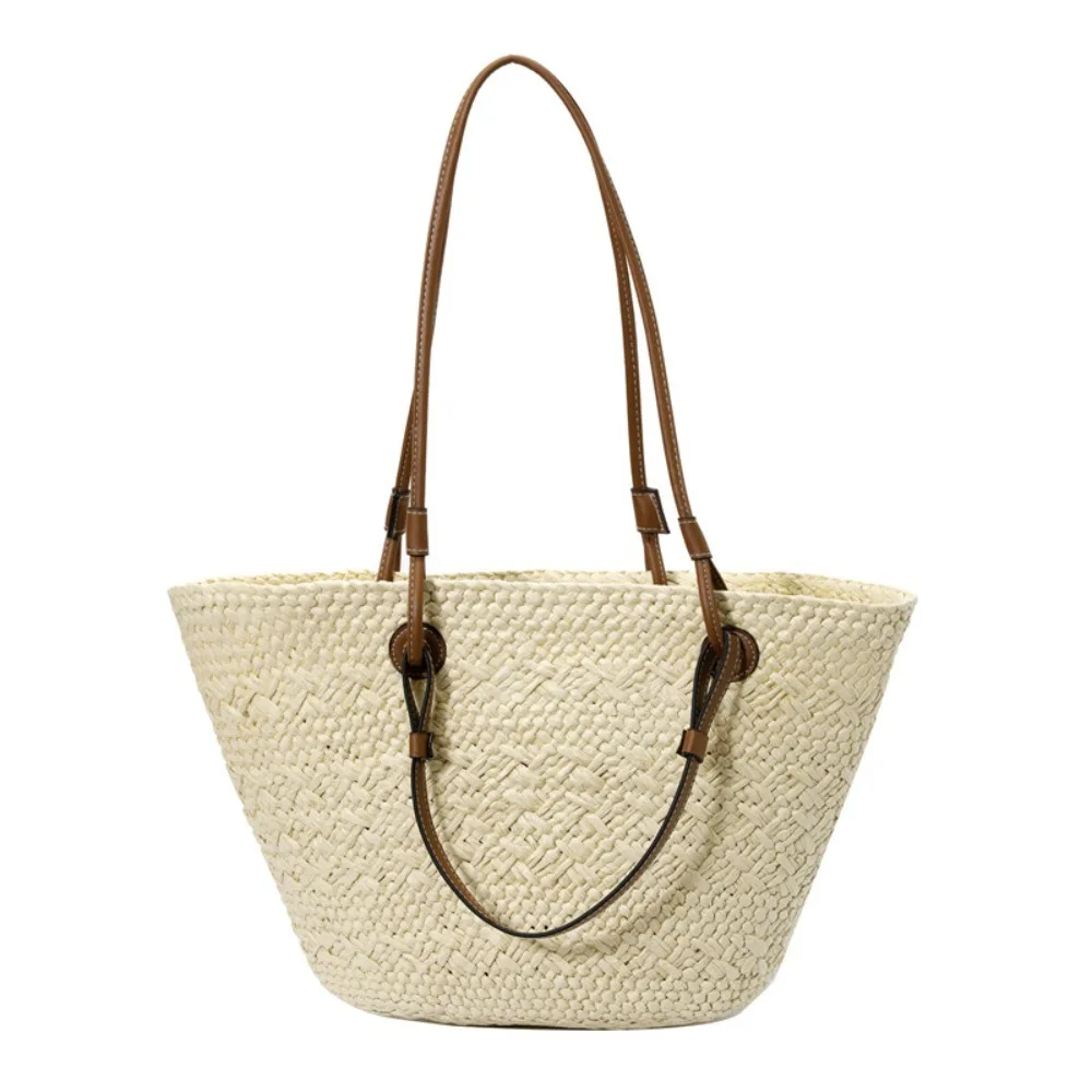 

New Handmade Straw Woven Basket Bag Large Capacity Stylish Travel Tote Bag Simple Design Vacation Handbag