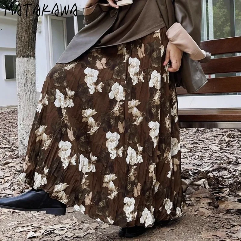 Matakawa Pleated Skirts for Women Autumn Winter Print Floral Korean Fashion Elegant Faldas Mujer Chic A-line Vintage Long Skirt