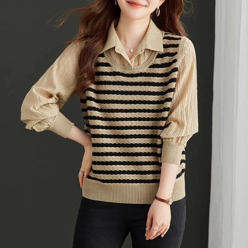

Новый искусственный топ из двух частей для женщин весной и осенью в полоску. Модный и модный тонкий одноразовый вязаный топ.