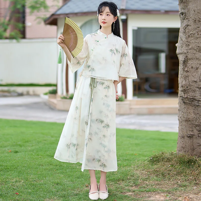 

Yourqipao Summer Literature Art Improved Cheongsam Han Element Retro Fashion Skirt Chinese Style Hanfu Dress Tang Suit for Women