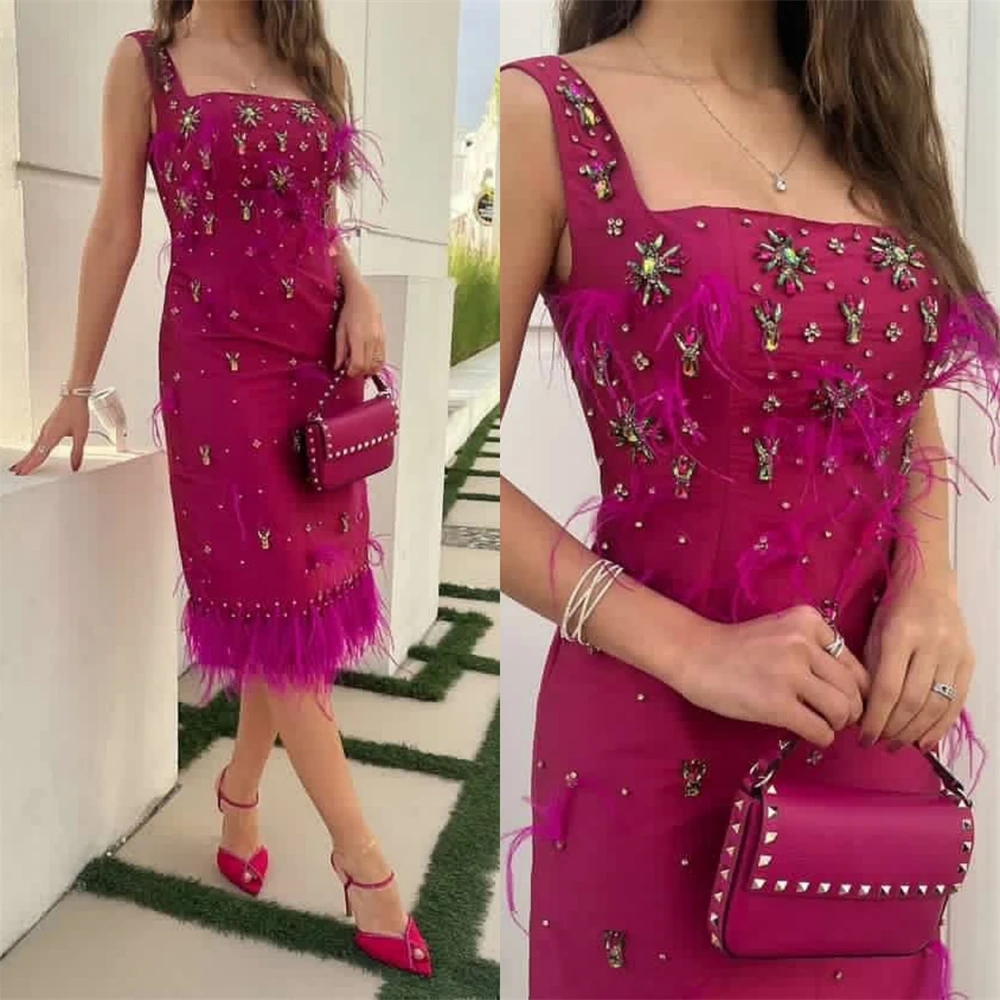 

Jiayigong High Quality Jersey Feather Sequined Ruched Prom A-line Square Neck Bespoke Occasion Gown Midi DressesEvening