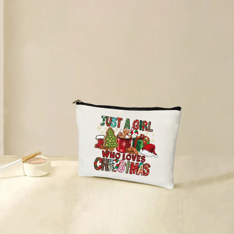 Just A Girl Who Loves Christmas Pattern Makeup Bag Xmas Gift for Friends Sister Daughter Women Cosmetic Organizer Zipper Wallet