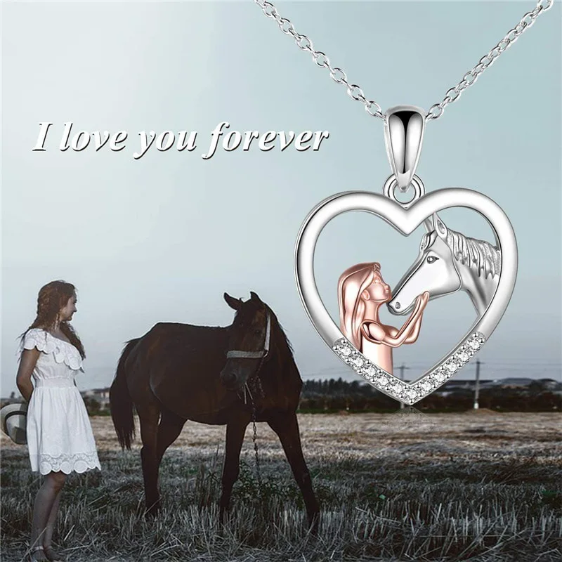 Exquisite Heart Zircon Girl and Horse Necklace for Women Rose Gold Plated Pendant Necklace Animal Jewelry Party Anniversary Gift