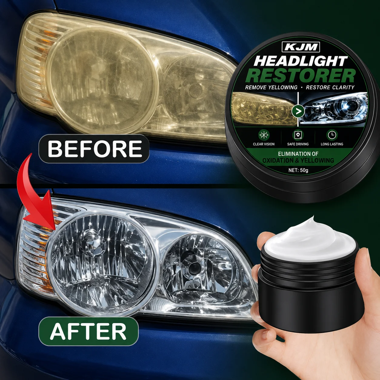 KJM Car Headlight Restoration Kit For Yellowing Oxidation Scratch Cleaner Polishing Paste Headlamp Lens Care 50G/100G
