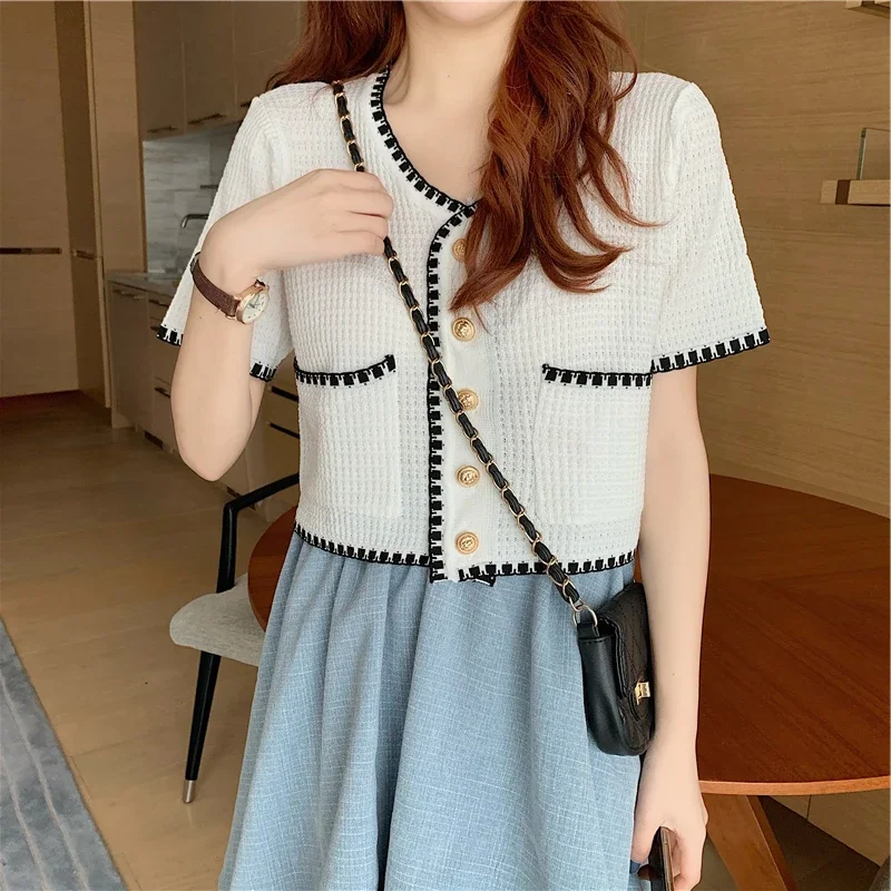 HELIAR Women Buttons Up T-shirts Elegant Office Top Knit V-Neck Short Sleeve Shirt Casual Solid Tees Spring Summer Blouse